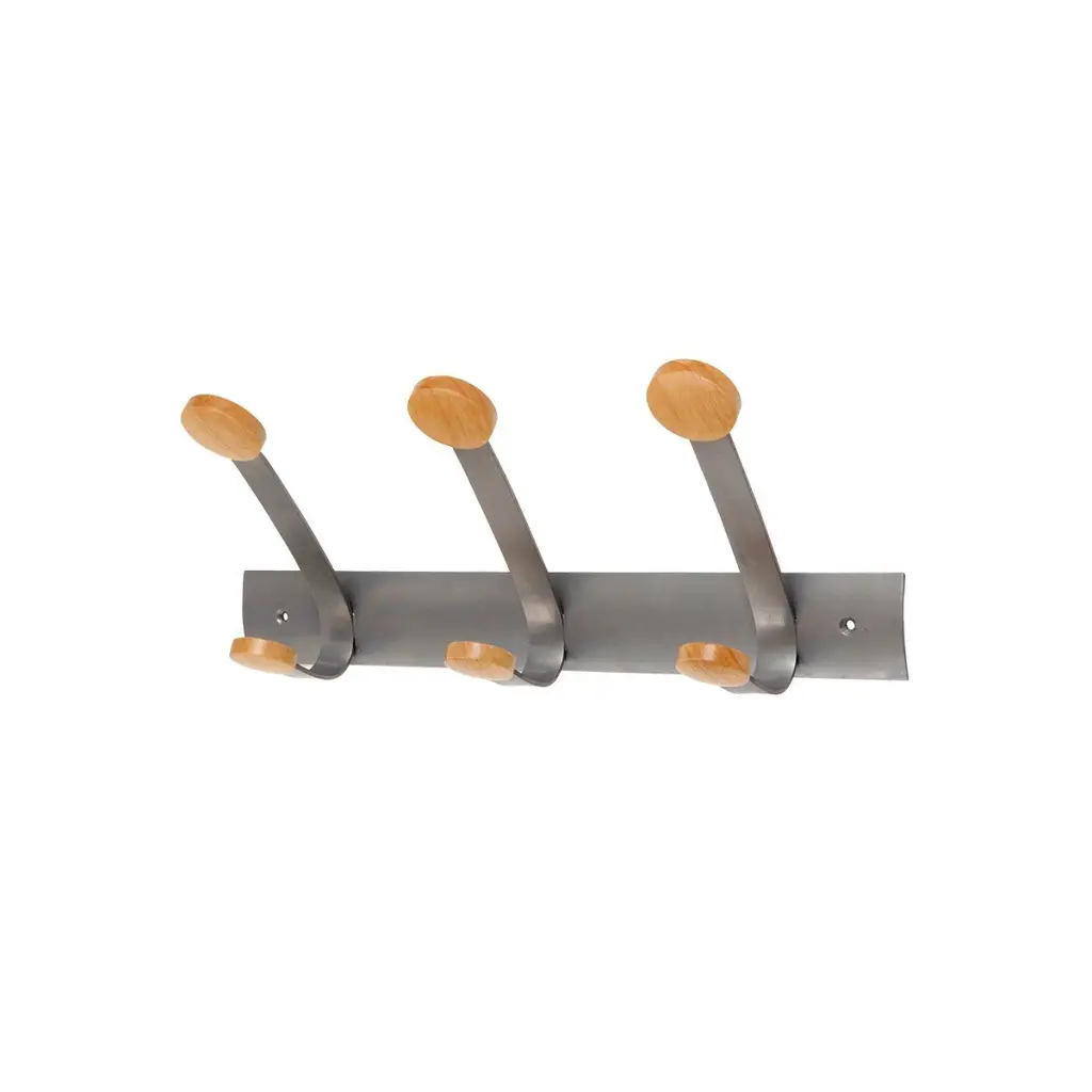 Alba Wall Coat Hooks 3 Double Pegs Silver Grey Steel/Light Wood L46xW18x12cm - PMV3