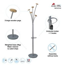 Alba Coat Stand Festival 5 Pegs Silver Grey and Light Wood